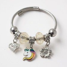 Stainless Steel Lucky Unicorn  Heart Charm Bangle Bracelet - Light Yellow
