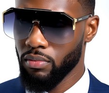 Men Sunglasses Oversized Shield Flat Single Black Lens Gold Frame Rimless New