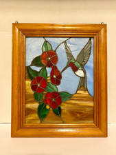 Stained Glass Window Hanging with Hummingbird and Morning Glories, Framed