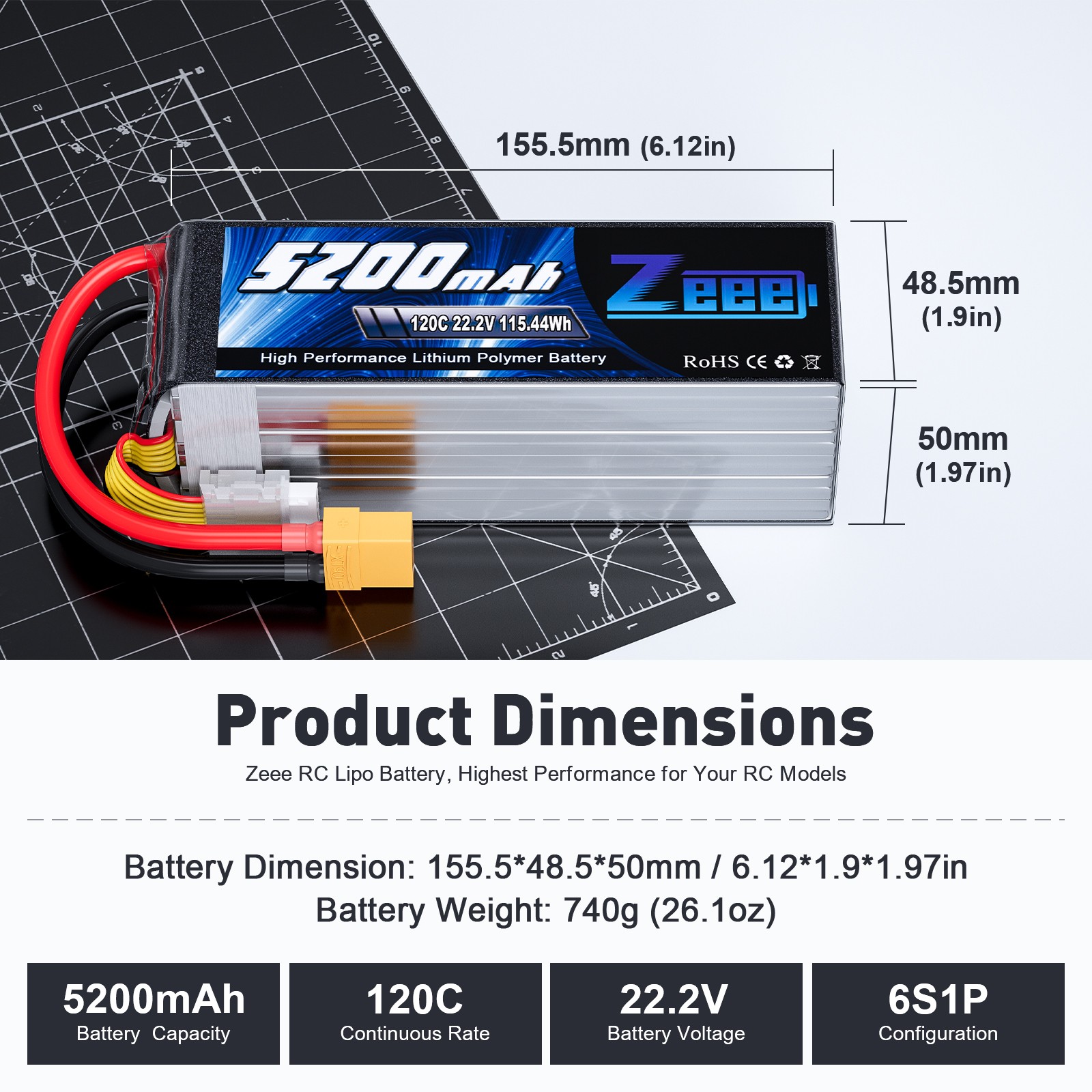 2x Zeee 22,2 V 5200 mAh XT90 6S batteria lipo 120 C per RC auto elicottero aereo aereo foto 3