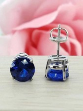 2Ct Round Cut Simulated Sapphire Solitaire Stud Earrings 14K White Gold Finish
