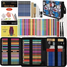 100 Art Supplies Drawing Kit Pro Drawing Supplies Set has 3 Color Sketchbook