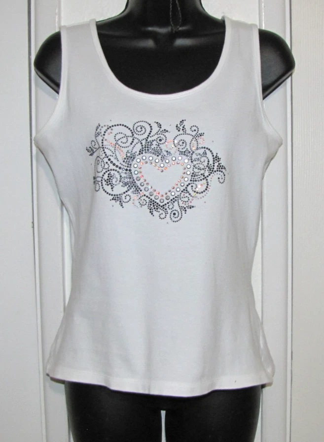 Camiseta sin mangas Christine Alexander blanca de colección jersey de algodón estrás corazón Wm. S/M Foto 3 de 4