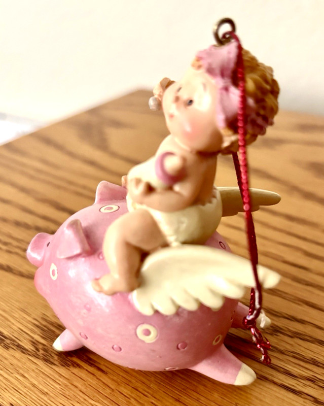 Vintage Flying Pig with Baby in Diaper Ornament Wings Pink Missing Tail Rare