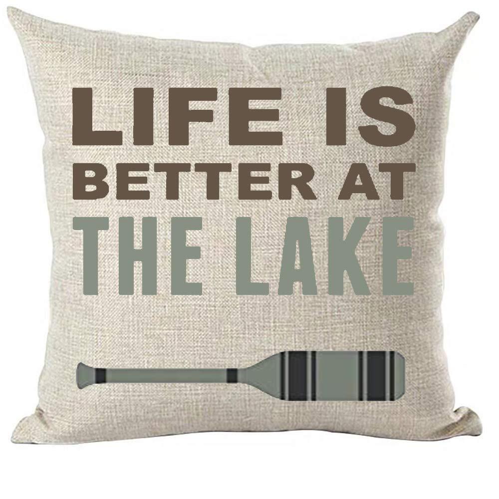 Grey Brown Word Art Life is Better at The Lake Paddle Summer Decorative Throw...