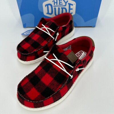 Red Plaid Hey Dude Women's Plaid Hey Dude Youth Wally Slip-on