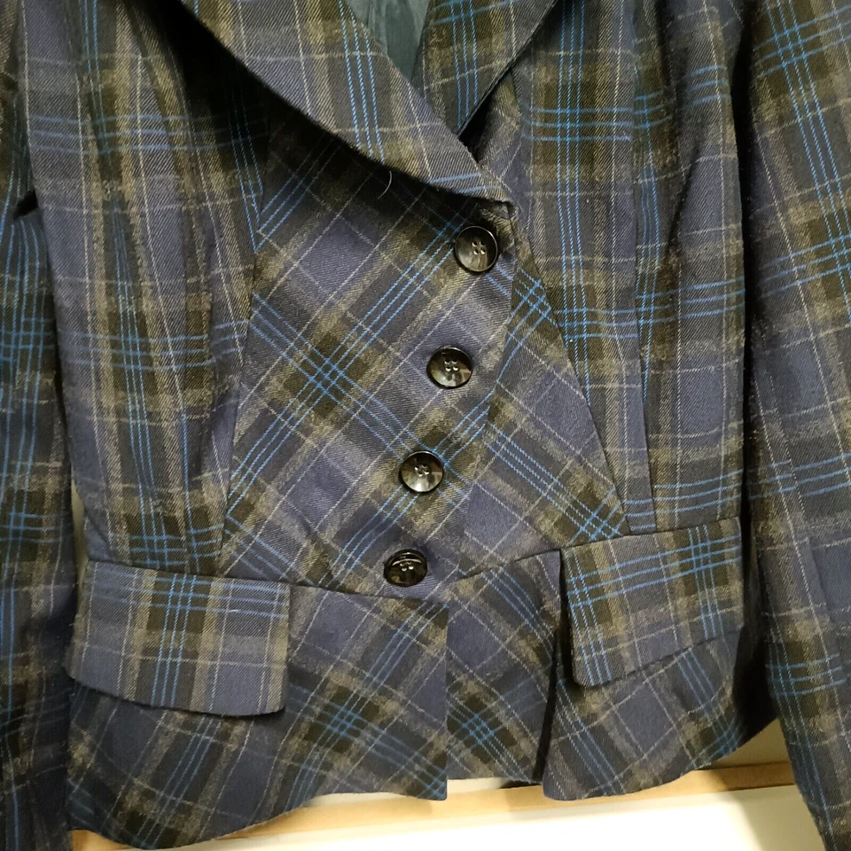 Topshop Womens Jacket Blue Black Size 10 Wool Blend Check Steampunk Gothic - Image 4 of 4