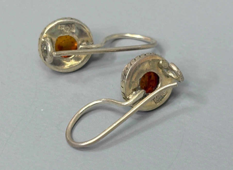 Pendientes redondos de plata de ley .925 marrón coñac ámbar báltico - 3 g Foto 4 de 4