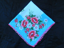 Vintage Cotton Floral Hankie in Blue, Pink, White with Pink Crochet Trim H437