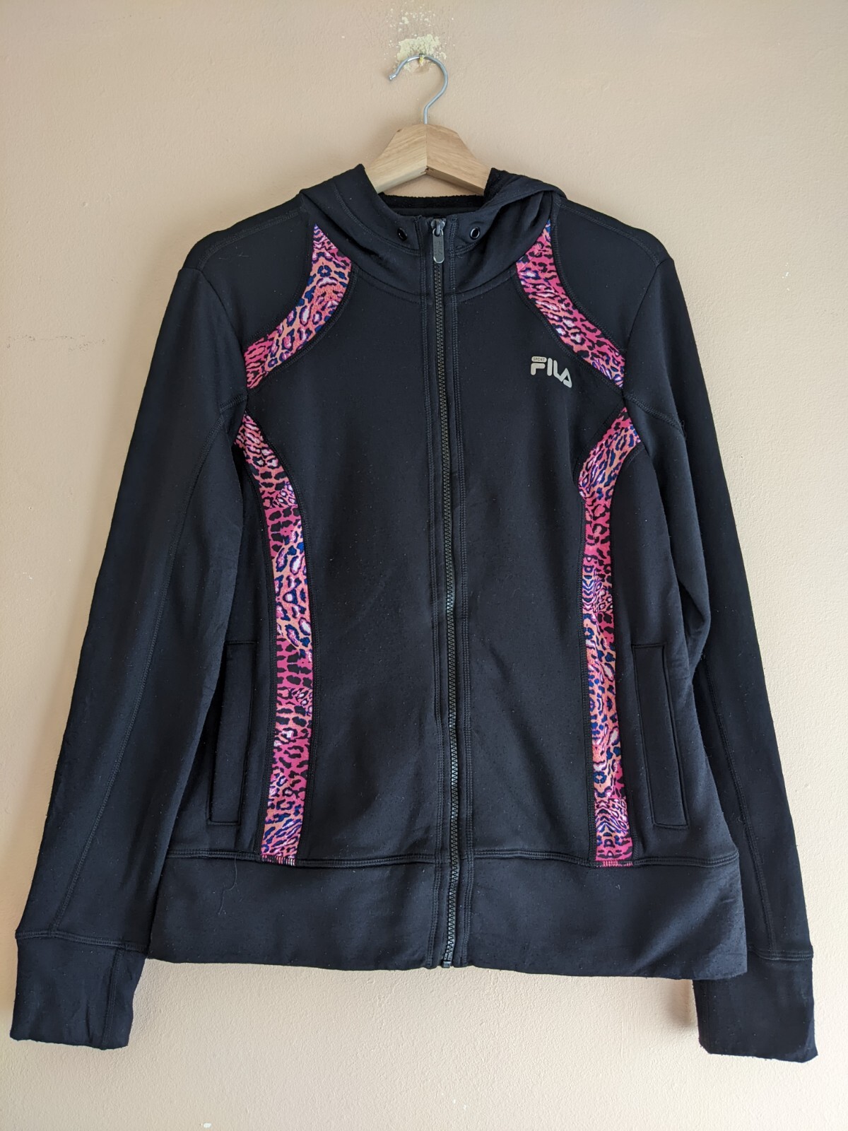 Felpa giacca vintage FILA nero rosa poliestere spandex full zip con cappuccio giacca donna large