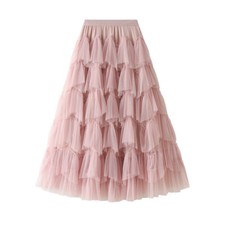 Women's Ruffle Hem Fairy Tulle Elastic Waist Causal Long Skirts