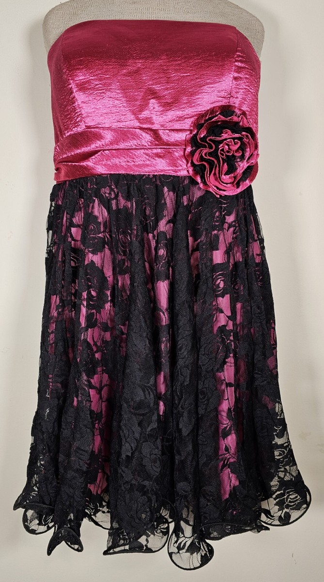 pink dress black lace overlay Jump Dress Size 13/14 Waist 32 Inches Strapless Lace Overlay Dress Black-Fuchsia