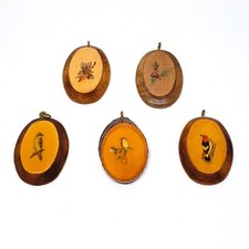Wood Slice Charm Necklace Pendant Blue Bird Acorn Oak Woodpecker Sparrow Painted
