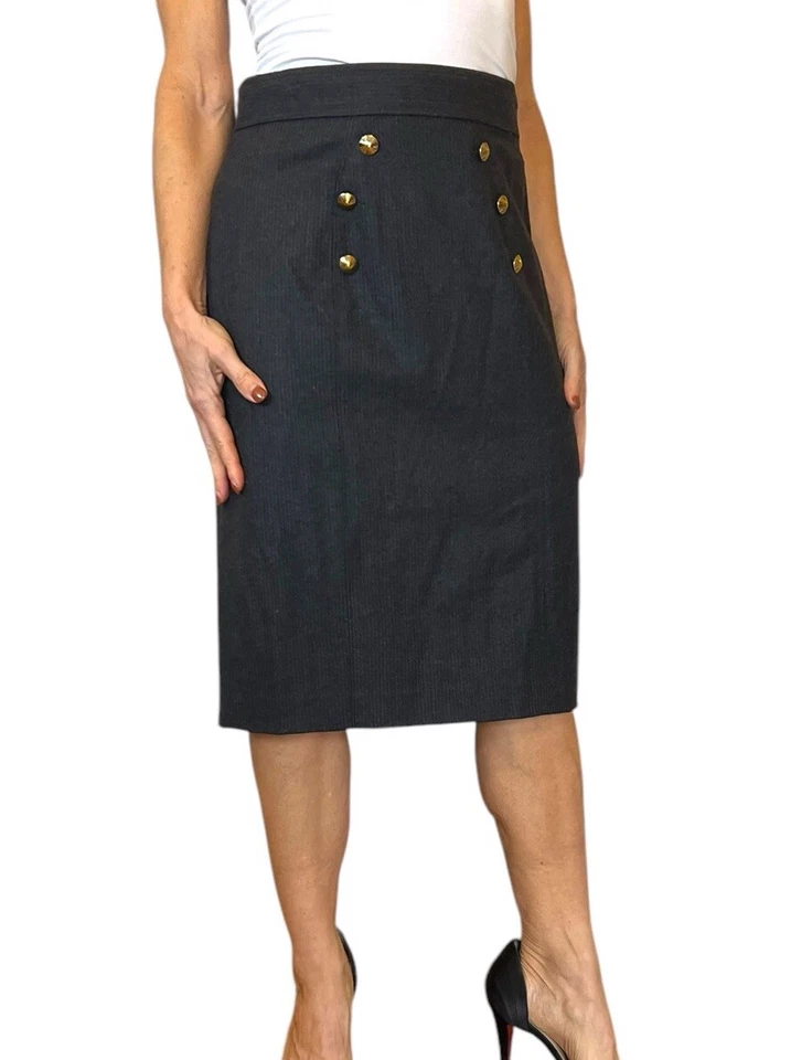 TIBI NEW YORK SKIRT GRAY WOOL PINSTRIPE PENCIL CAREER OFFICE GOLD BUTTONS 8 - Image 2 of 4
