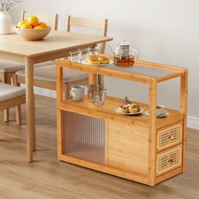 Danrelax Mid-Century Modern Rattan Nightstand, Boho Side Table w/Hidden Pulleys