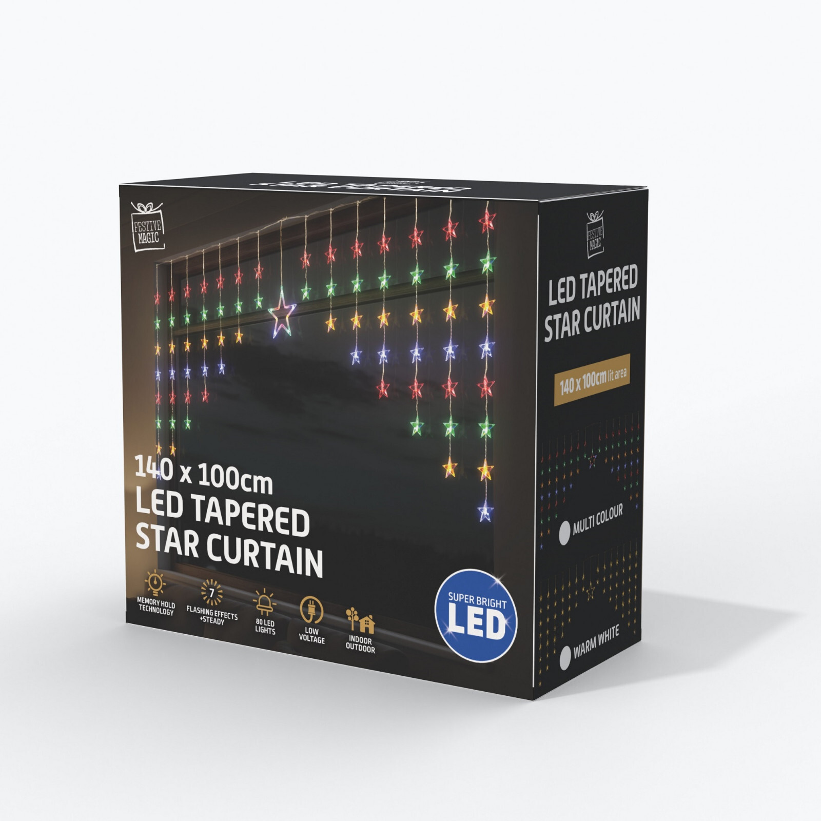 LED Tapered Star Curtain Multicolour Warm White 1.4x1m Christmas Window