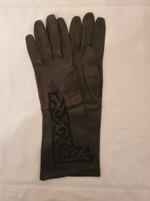 Vintage Women's Leather & Floral Lace Inset Gloves, Black, Retro Evening Gloves 