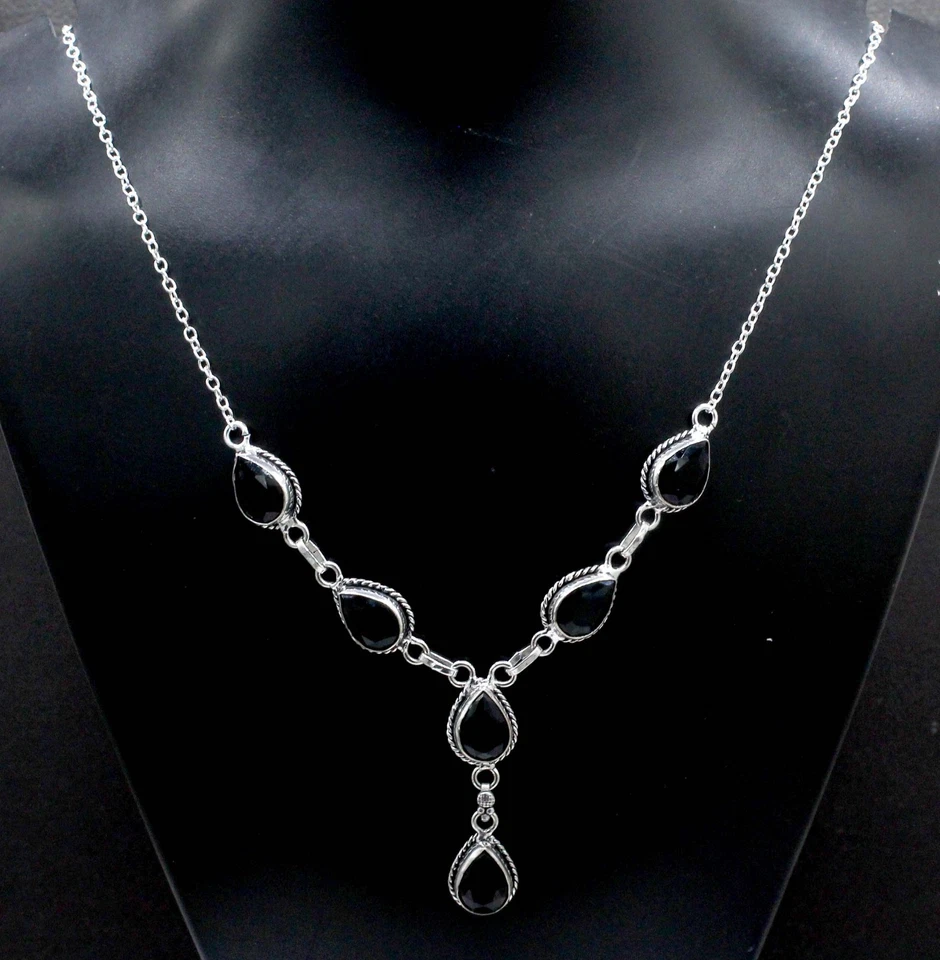 Collar de joyería de plata de ley 925 con piedras preciosas de espinela negra tamaño-17-18" Foto 4 de 4