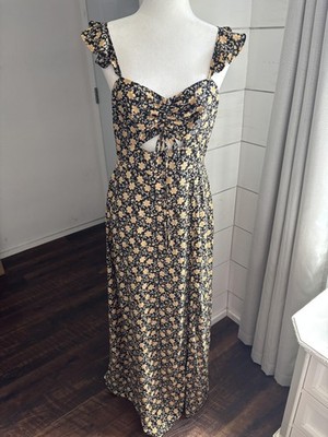 Lulus Dress Womens Medium Black Yellow Floral Maxi Sleeveless Cutout Summer Boho