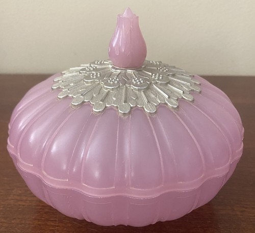 Vintage Avon Elusive Dusting Powder Dish Vanity Container Rose Pink Silver Empty