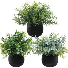 Set of 3 Small Potted Faux Plants 8" Artificial Eucalyptus Rosemary Boxwood P...