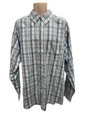 Ariat  Shirt Men's XL Blue Plaid Long Roll Tab Slv Button Up w/ Pocket and Logo