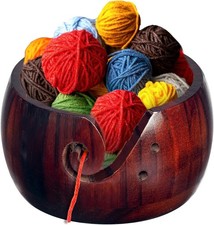 Wooden Yarn Wool Bowl 6X3 Inch Storage For Knitting And Crocheting With 2 Holes