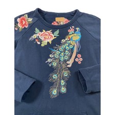 Driftwood Layla Navy Blue Peacock Floral Embroidered Sweatshirt Dress Small