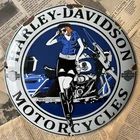 VINTAGE 1969 HARLEY DAVIDSON MOTORCYCLES 12 INCH CONVEX PORCELAINENAMEL SIGN