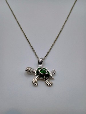 Sea Turtle Ocean Green Fire Opal Inlay Silver Plated Jewelry Necklace Pendant