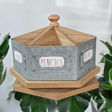 Rae Dunn Galvanized Steel  Wood Metal Rotating Spinning Rustic Desk Organizer