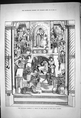 Alter antiker Druck Zauberer Tür Traum Jahrmarkt Frau Royal Academy 1882 19.