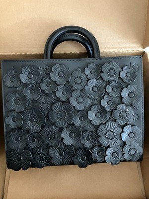 Coach Tote Top Handle Black Raised Flower Appliqués Large New in Box