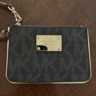 Michael Kors Signature MK Wristlet Brown Gold Logo Zip Wrist Purse 4x6brand New