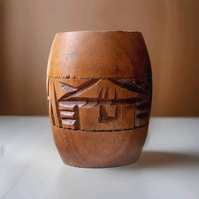 Vintage Hand Carved Wood Cups Village Mountain River