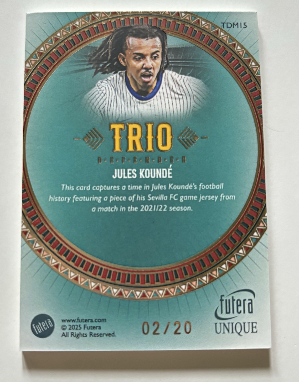 2025 Futera Jules Kounde Match Worn Relic 02/20 view 2