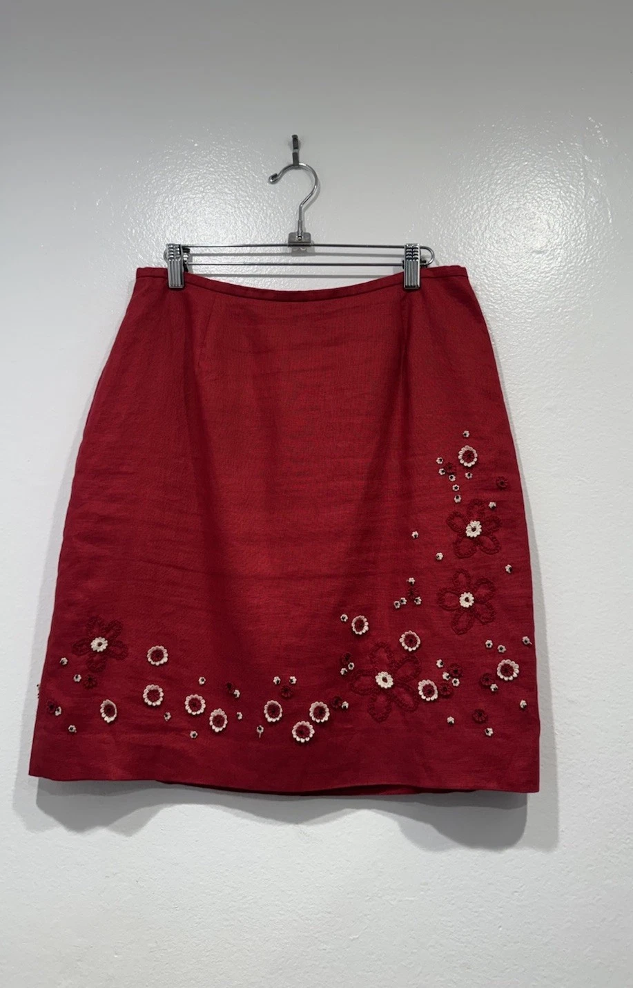 Vintage Ann Taylor Red Linen Pencil Skirt Floral Applique Lined Womens Size 10