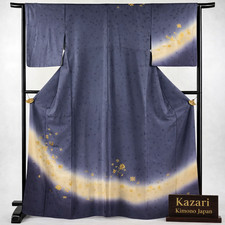 Vintage Japanese Silk Kimono Robe   Gray Purple Treasure Motifs Gold