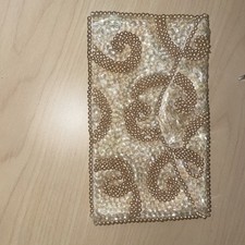 Vintage Beaded Pearl Clutch Purse Silk Lining 1950s Hand Made in Japan Champagne
