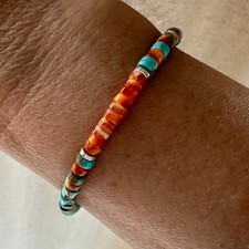 Blue Arizona Turquoise Orange Spiny Oyster Heishi Bracelet, 4mm Gemstone