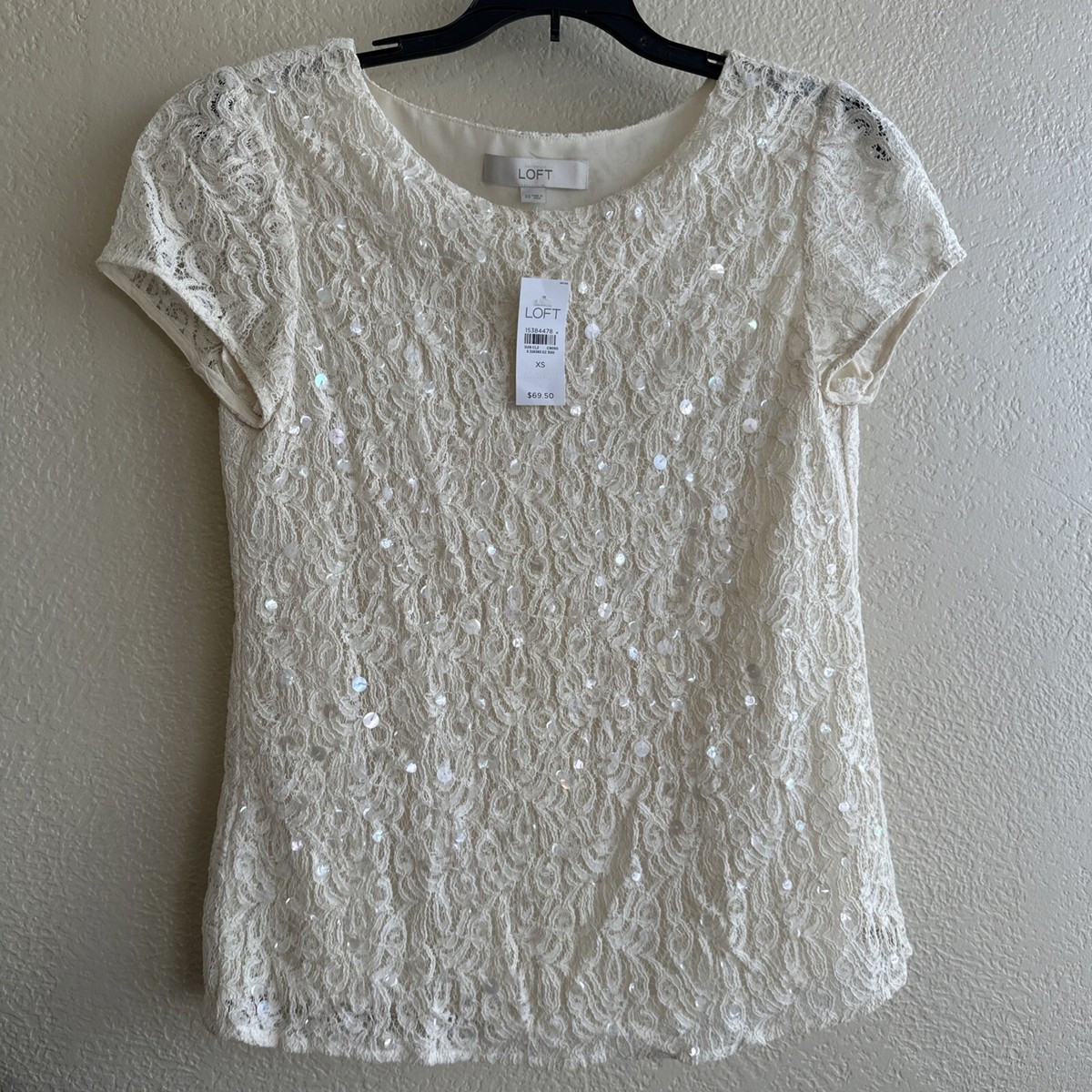 Ann Taylor Loft Blouse Womens XS Ivory Laced Sequins Short Sleeve