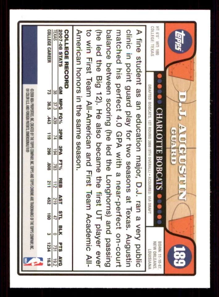 2008-09 Topps Chrome #189 D.J. Augustin RC - Image 2 of 2