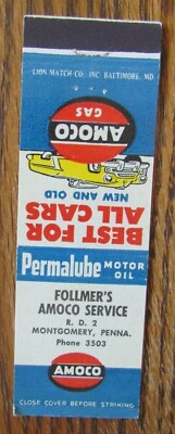 FOLLMER'S AMOCO GAS STATION MATCHBOOK MATCHCOVER: MONTGOMERY, PENNSYLVANIA -E1