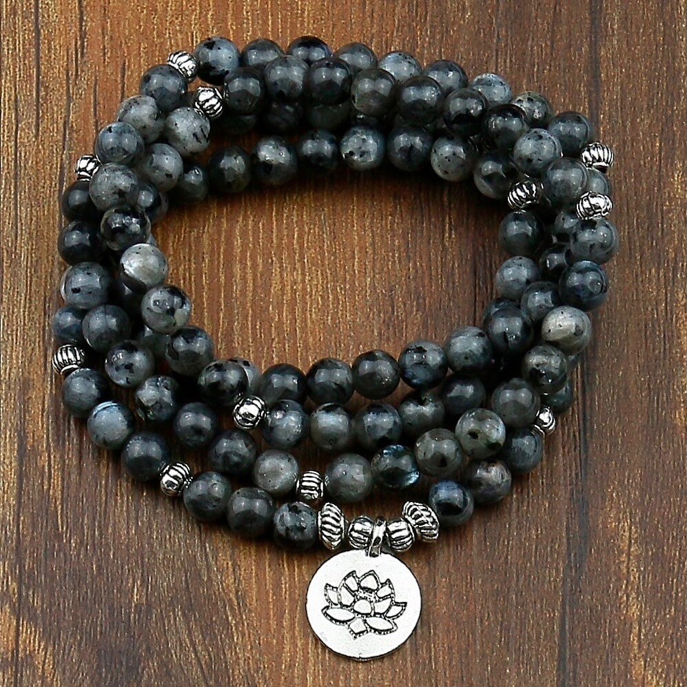 Bracelet 108 Perles Labradorite Mala Tibétain Chapelet de Méditation Zen