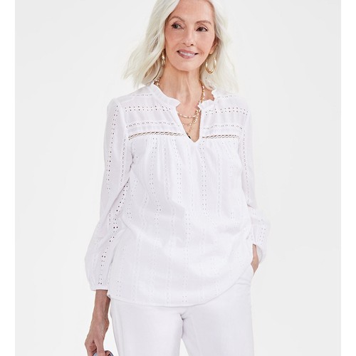 Style & Co Eyelet Blouse Peasant Top Ruffle Trim Long Sleeve Bright White 3X - 第 1/8 張圖片