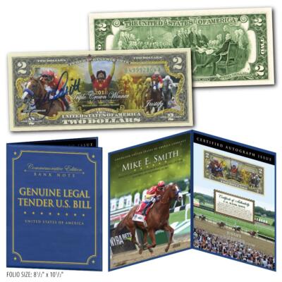 JUSTIFY 2018 Triple Crown Winner MIKE SMITH Hand-Signed $2 Bill in 8x10 Display