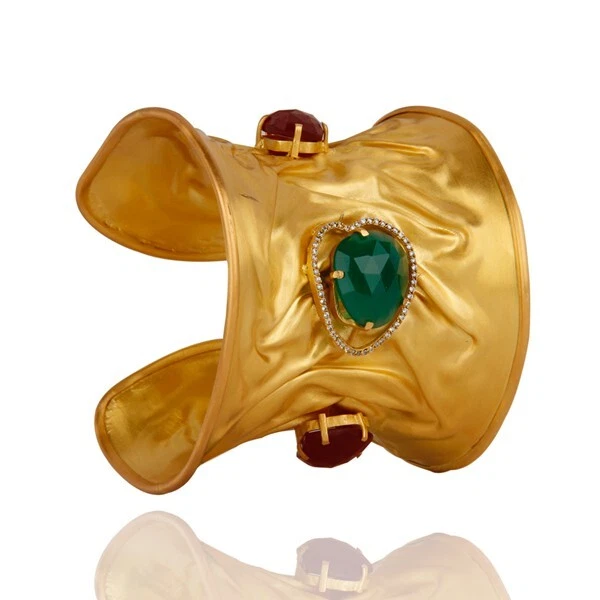 Handmade Wide Fulani Cuff Bangle Gold Plated With Multi Stone Jewelry For Gift - Image 2 of 4