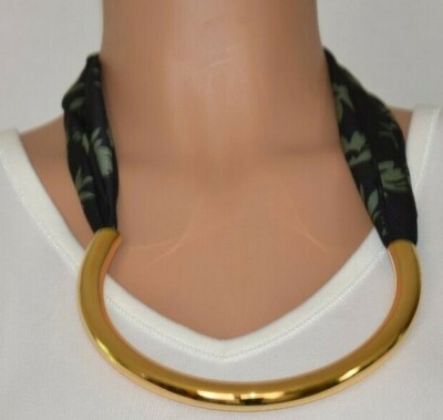 MARNI Black/Green Floral Scarf Necklace Long Gold Metal $720
