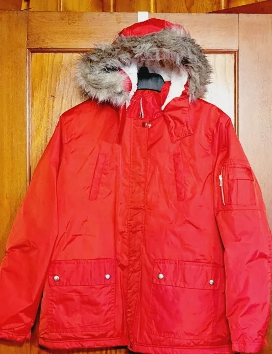 Stadium Coat Pocket PARKA Faux Fur Jacket Hooded RED Women's Small New Look