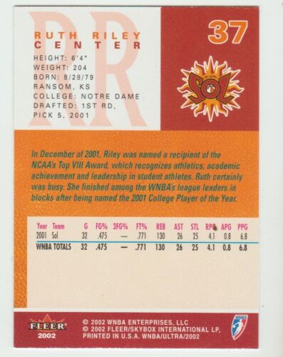 2002 Fleer Ultra WNBA #37 Ruth Riley Sol Shock Silver Stars Finals MVP - Picture 2 of 2